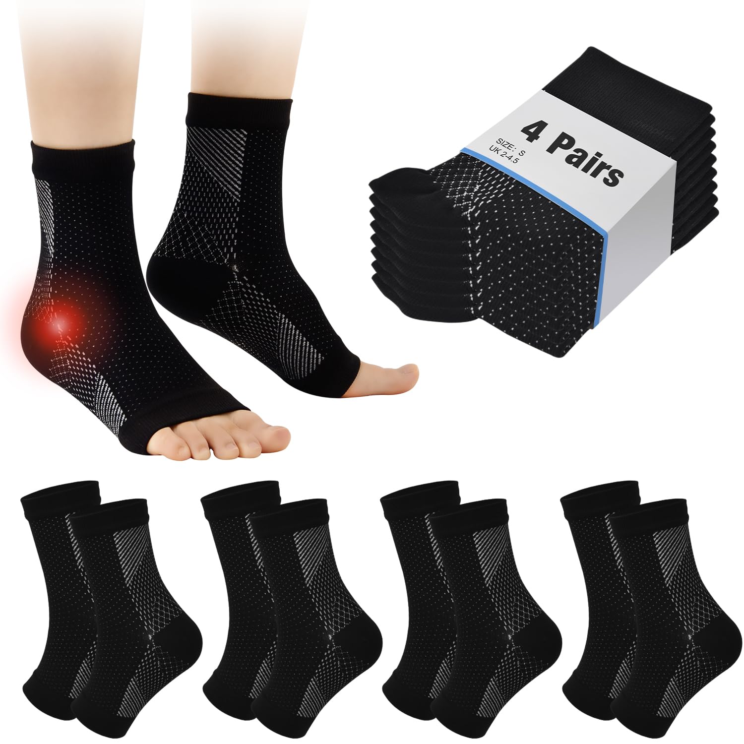 cheap4uk 4 Pairs Neuropathy Socks Functional Socks for Neuropathy Compression Socks for Women Men for Ankle Neuro Pain Relief & Plantar Fasciitis Functional Soothe Relief Socks (Black, 2-4.5)