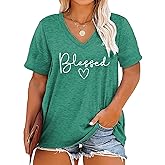 Plus Size Blessed Shirts Women V Neck T Shirts Short Sleeve Tshirts Summer Tops