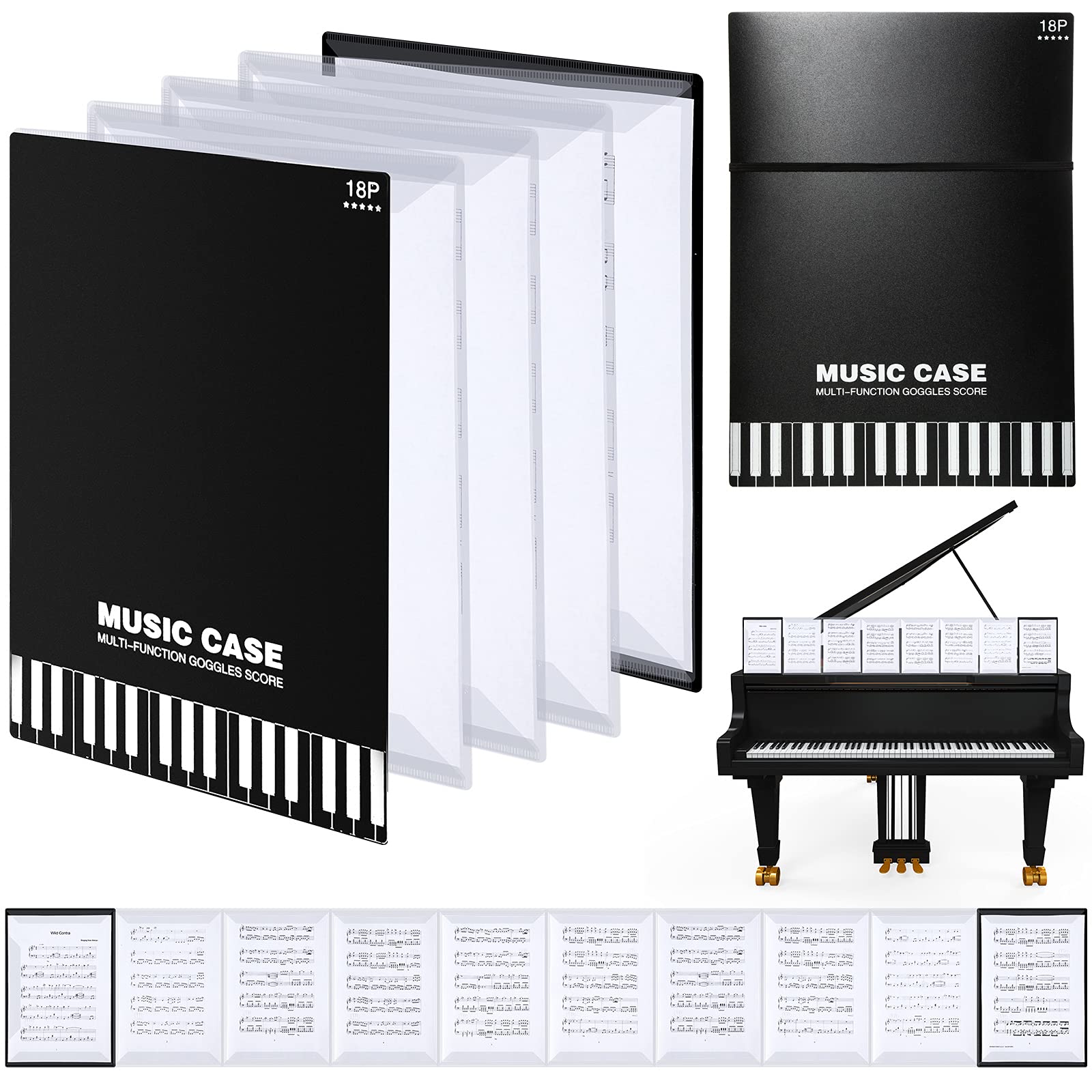 Boao Sheet Music Folder, 10 Pages, 18 Pockets, A4 Size, Black, Classic Style, Plastic Material