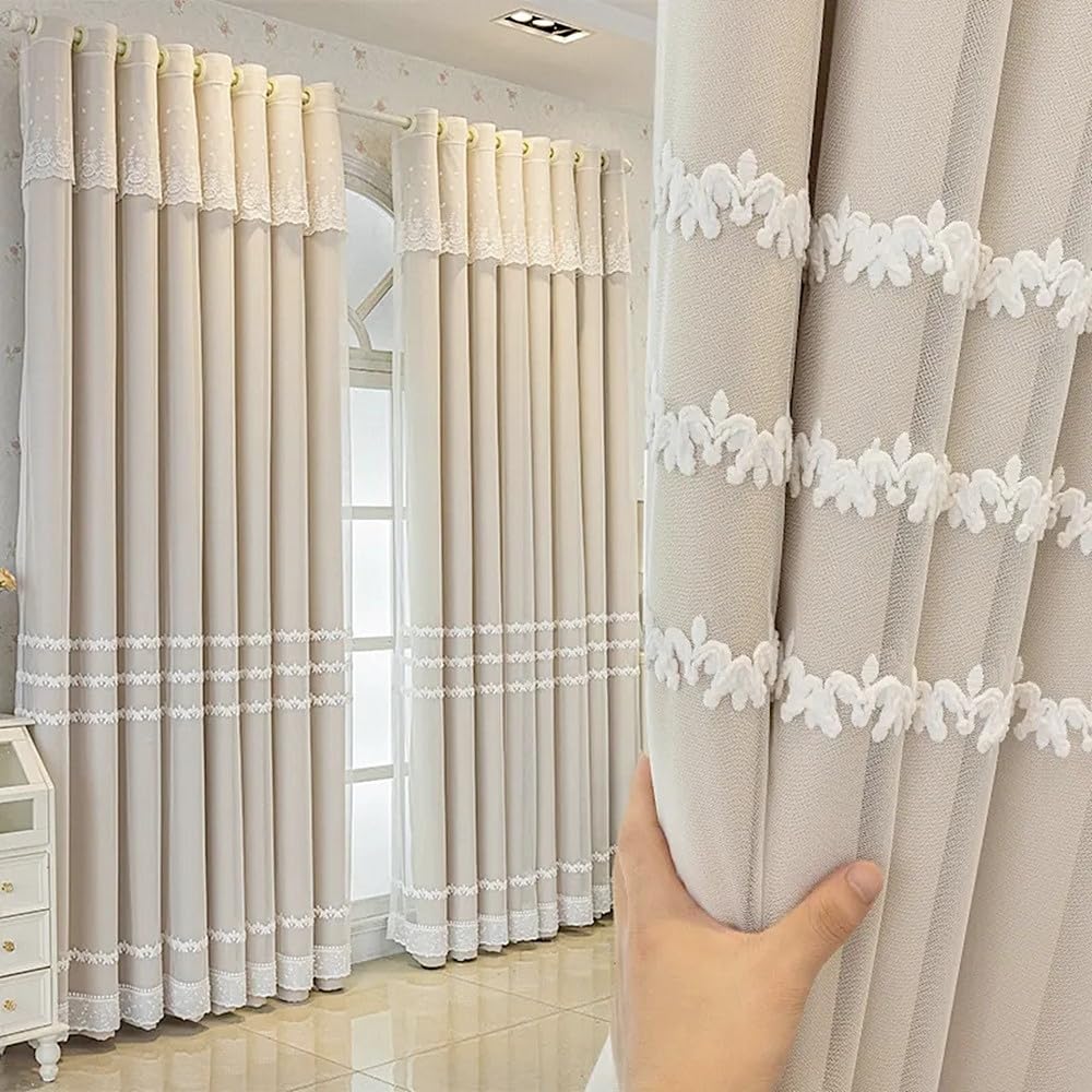 Photo 1 of 1 Pair Double Layer Striped Curtains for Girls Room Living Room Embroidered Curtains with Valance for Bedroom (Beige,54x90 Inch)