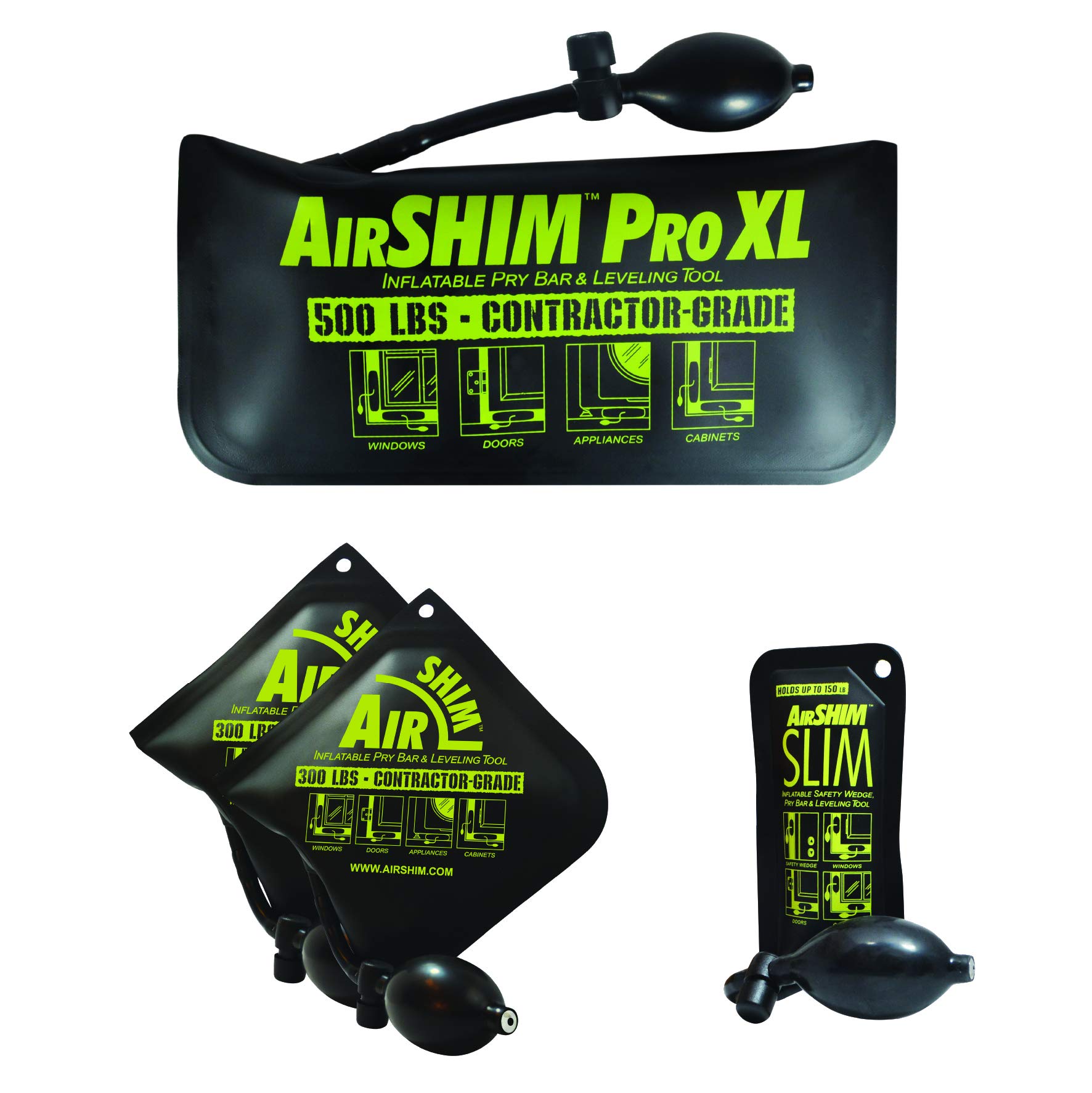 Calculated Industries 1132 AirShim Inflatable Pry Bars and Leveling Tools 4-pc Value Pack – 2 Original AirShims, 1 AirShim Pro XL, and 1 AirShim Slim | Contractor-Grade Pump Wedges | Set of 4
