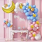 126Pcs Gender Reveal Party Supplies Pink and Blue Balloon Garland Arch Kit, Gold Foil Moon&Stars Confetti Pastel White Latex