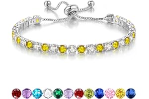 SFONI Birthstone Bracelet for Women, Silver Tennis Bracelets with Cubic Zirconia Adjustable Slider Bracelet Birthday Mother's Day Graduation Gifts for Her Mom Wife Girlfriend