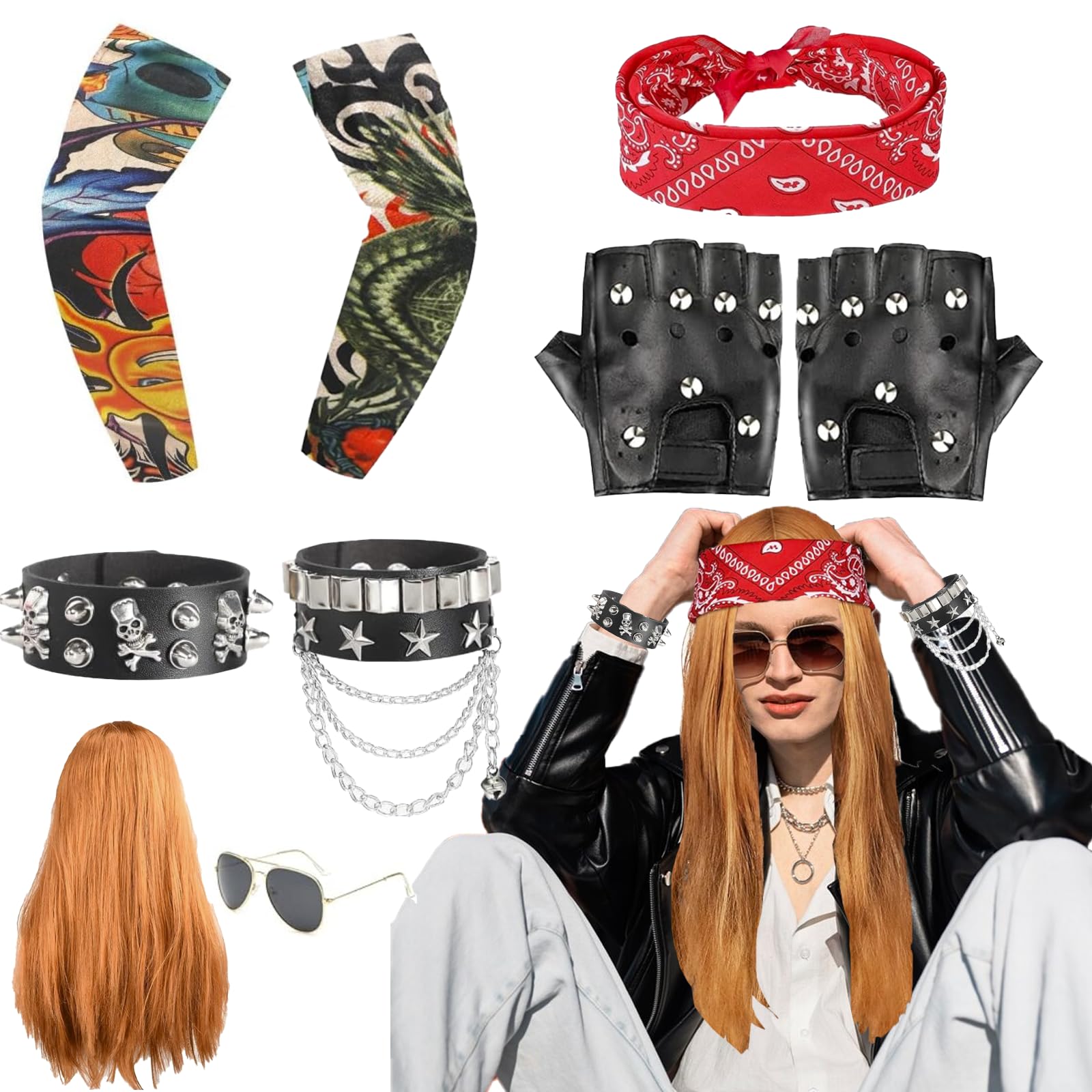 Kikuo Men's Rock Star, Rockstar 80s Heavy Metal Wig Rocker Set, Rocker Costume Necklace Bandana Gloves Sunglasses Tattoo Sleeves Disco Punk Dress Up