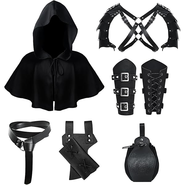 Medieval Knight Leather Costume Set - Renaissance Half Shoulder Cape, Bracers & Sword Frog 7-Piece Outfit