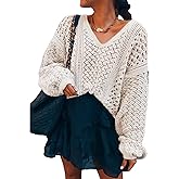 CCTOO Women's Sweaters Casual Oversized V Neck Off Shoulder Sexy Crochet Sweater Batwing Sleeve Pullover Loose Tops