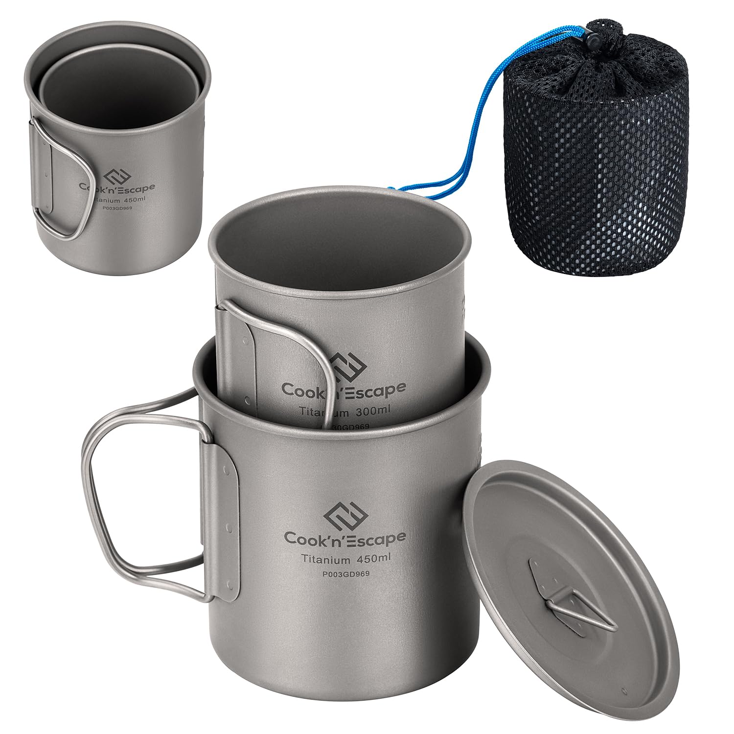COOK'N'ESCAPE チタンマグセット 120ml&180ml&300ml&450ml スタッキング 軽量 直火対応 折りたたみハンドル付き 無塗装 チタンマグカップ 登山 キャンプ アウトドア コーヒーカップ 食品衛生検査済 ソロキャンプ 防災 ギフト商品画像