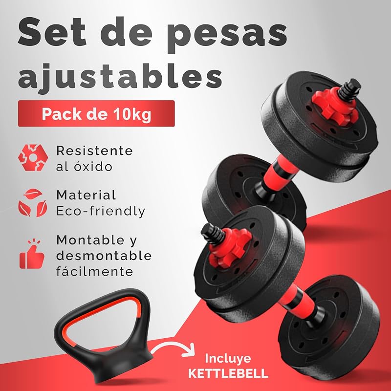 Juego de Mancuernas Ajustables 4 en 1 + Kettlebell - 10kg 20kg 35kg - Kit de Pesas con Barra Recta Ajustable y Antideslizante - Pesas y Mancuernas Discos Recubiertos - Set de 10 kg