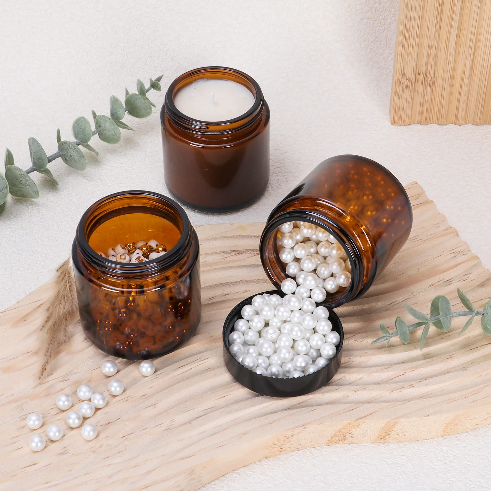 Keketin 4 oz Amber Glass Jars,15 Pack Empty Cosmetic Containers with Inner Liners and Black Lids,Refillable Round Cream Jars for Lotion,Bath Salts,Travel
