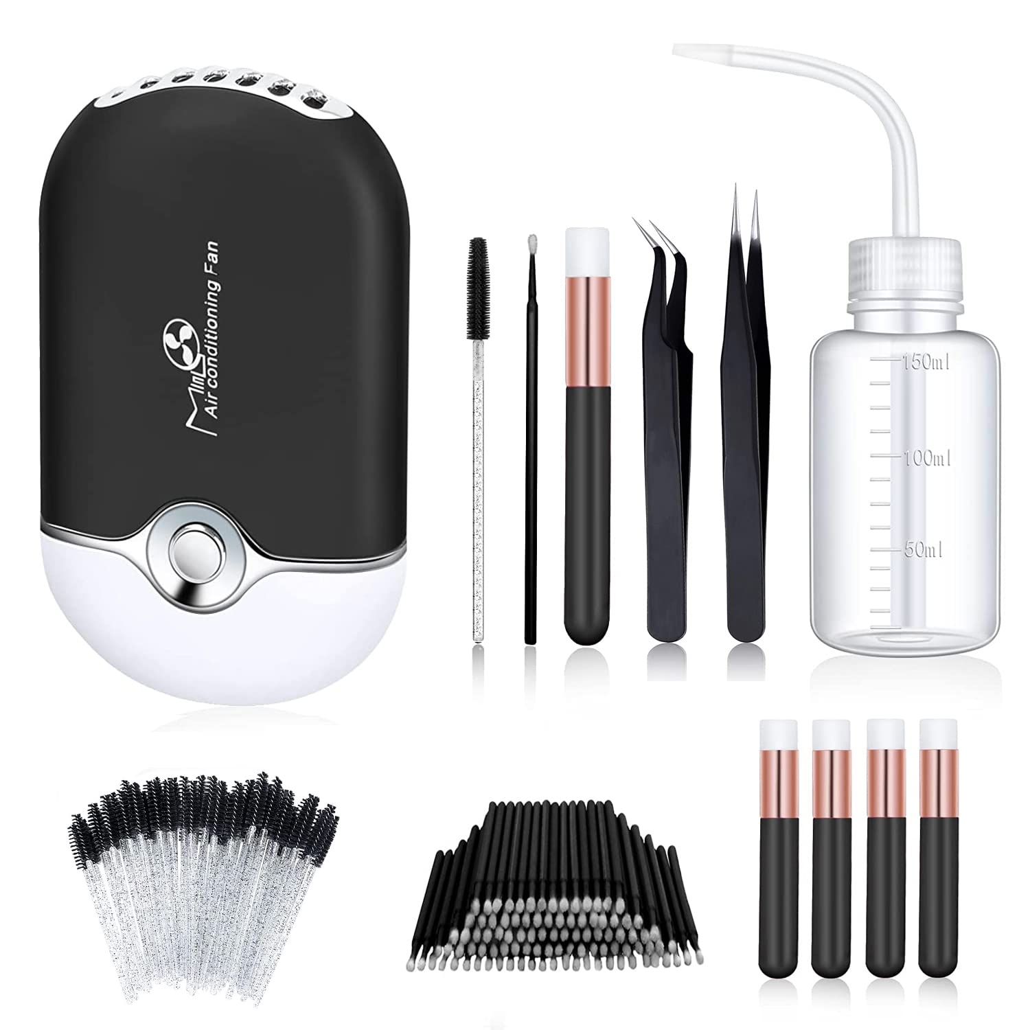 Aussido 159 PCS Eyelash Fan Set Lash Fan for Eyelash Extension Dryer, Lash Shampoo Brushes, Plastic Wash Squeeze Bottle, Disposable Mascara Brushes, Micro Applicator and Tweezers Black