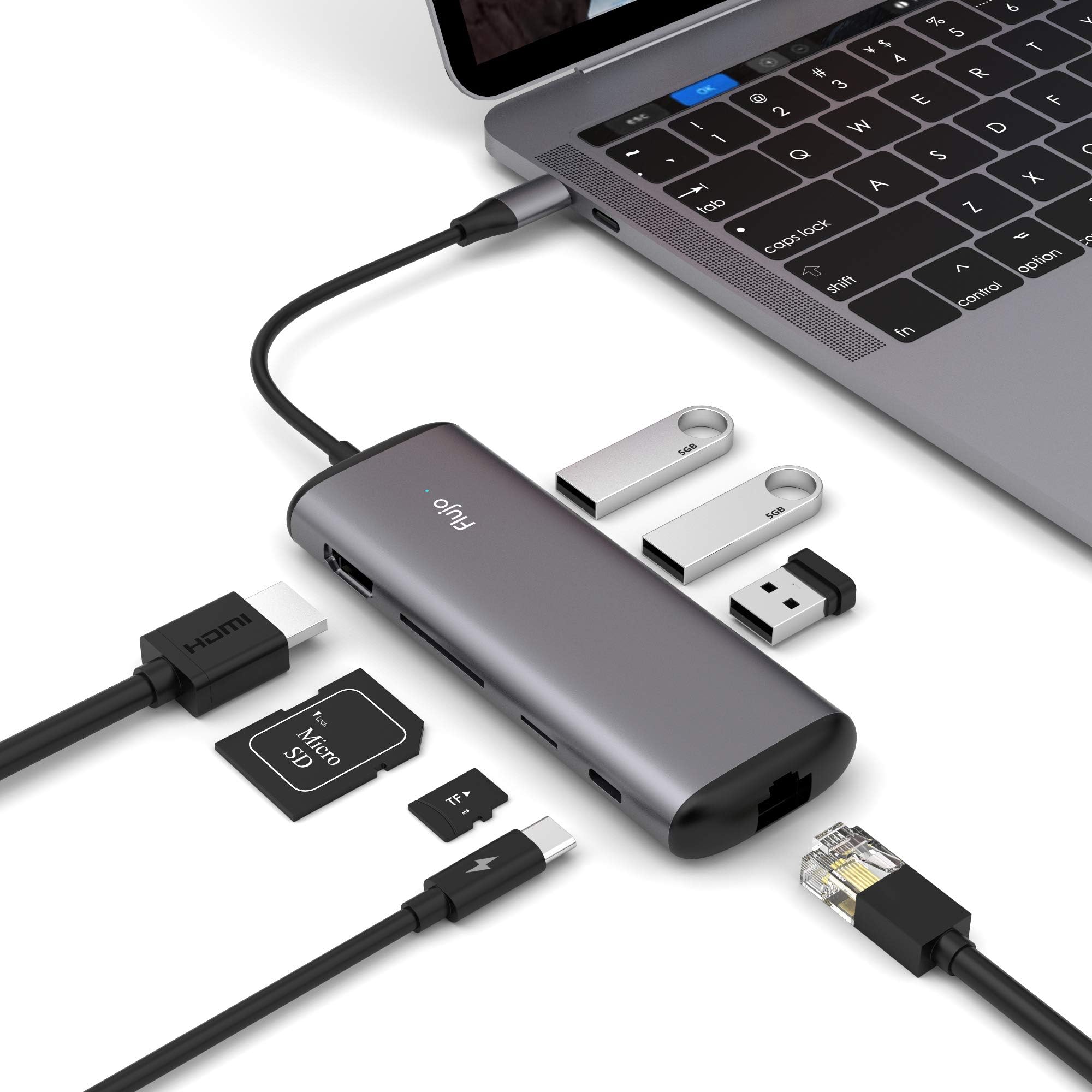 USB C MultiPort Adapter, USB C Hub with 4K HDMI, SDTF Card Reader, PD Charger Port, Gigabit Ethernet, 8 in 1 Combo Dock with 3 USB 3.0 Ports Compatible MacBook pro 2017/2018, Surface Go, Chromebook.