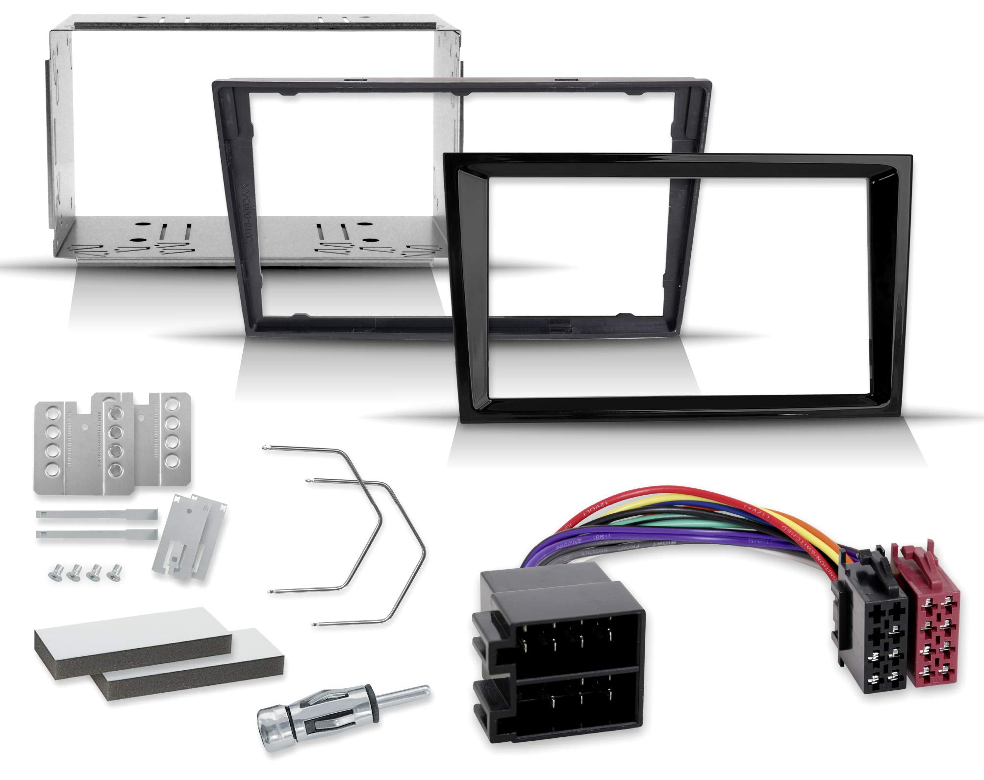 2-DIN installation kit with professional radio panel, radio adapter, slide-in frame, antenna adapter, release lever, compatible with Vauxhall Corsa C, Combo C, Vectra C, Omega B, Signum, Vivaro