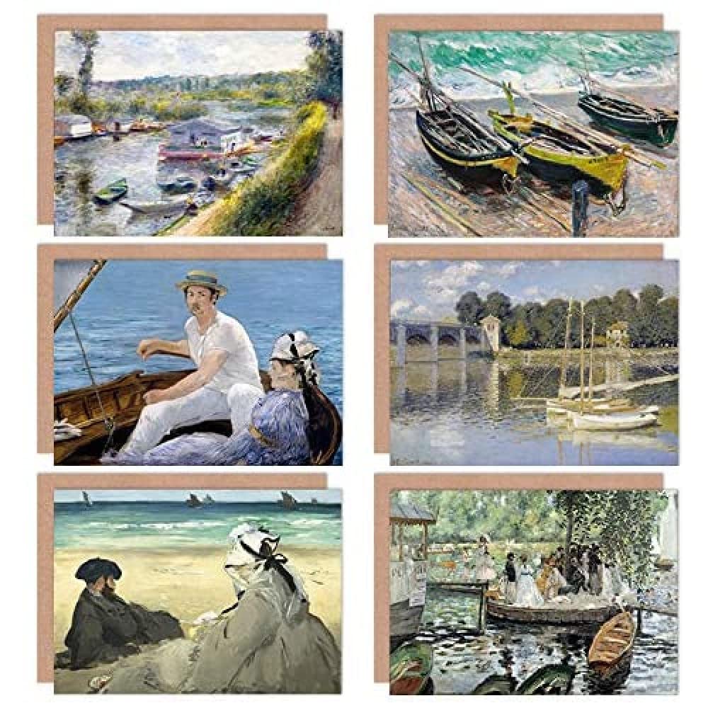 Artery8 Renoir Monet Manet Fishing Boats Water Beach Mixed Fine Art Greeting Card Pack of 6