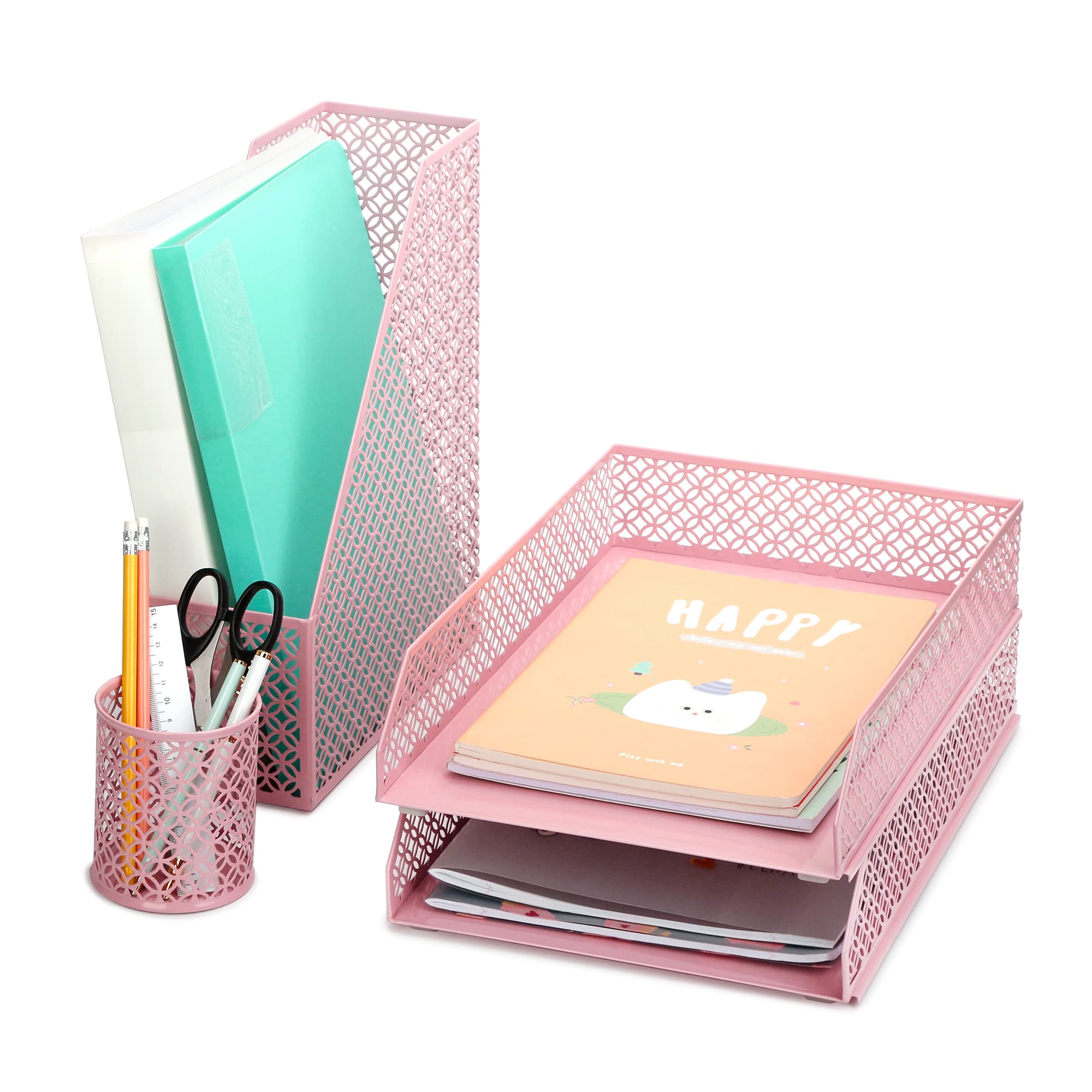 Exerz Desk Organiser 4pcs/ Office Supplies/Desktop Metal Mesh Filing Accessories including: A4 Stackable Letter Trays x 2, Magazine Holder x 1, Pen Holder x 1 (Light Pink)