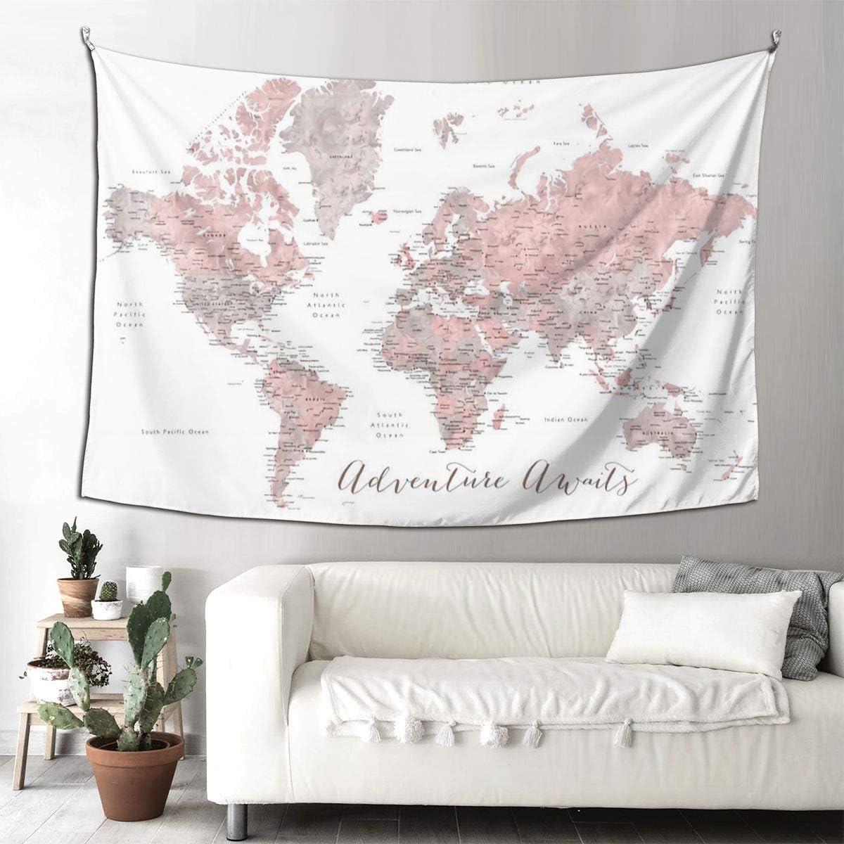 Melyar World Map Adventure Awaits in Dusty Pink and Grey Boutique Wall Tapestry Pop Art Retro Micro Microfiber Peach Peach Home Decoration 90x60inch