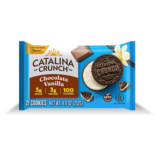 CATALINA CRUNCH PROTEIN COOKIES, 4G PROTEIN PER SERVING – LOW-SUGAR SANDWICH COOKIES – GLUTEN FREE, VEGAN – KETO DESSERT SNACKS – CHOCOLATE VANILLA, 8.9 OZ. (21 COUNT)