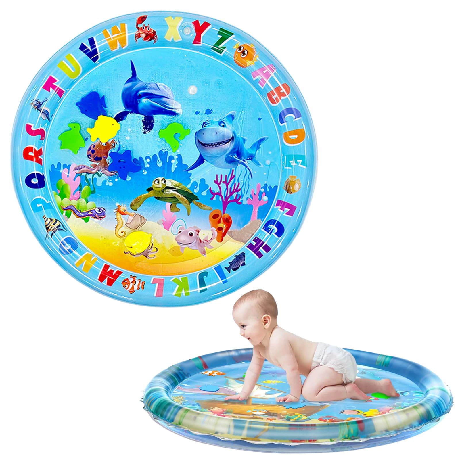 Tummy Time Mat Inflatable Water Mat for Babies,65cm Round Blue Underwater World Water Cushion Inflatable Water Play Mat Sensory Toy for Infants,Toddlers Baby Toys 3-12 Months Newborn Girls Boys Gifts