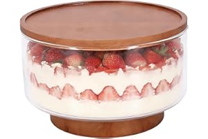 Dewsea 142oz Large Glass Trifle Bowl with Lid and Acacia Wood Stand, Glass Salad Dessert Serving Dish for Cakes Ice Cream Fru