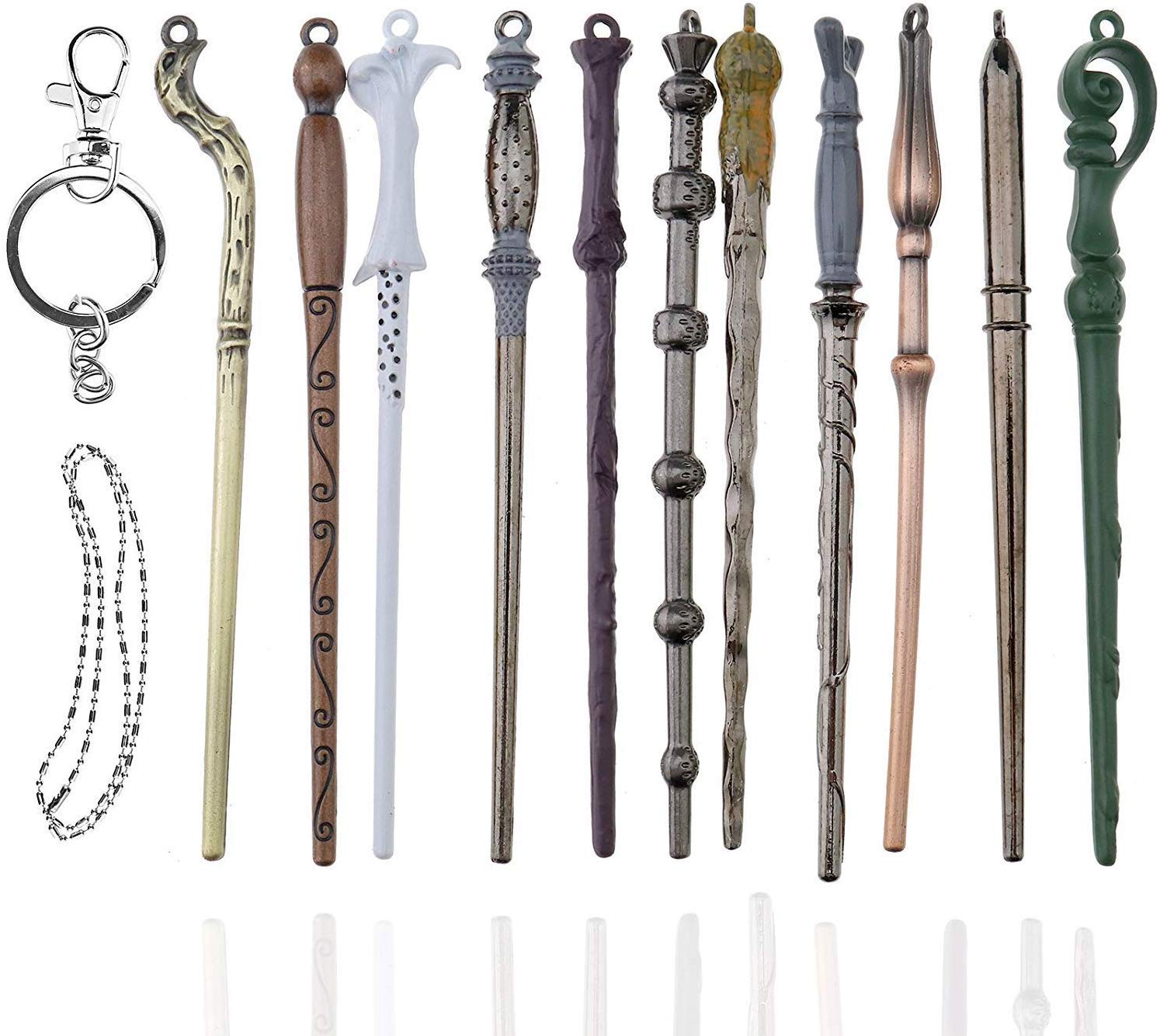 U&X Wizard Magic Wand Set Metal Mini Wand Cosplay Toy for Kids with Keychain and Necklace, Dumbledore Voldemort Magic Magic Wand In A Gift Box (11PC / Set)