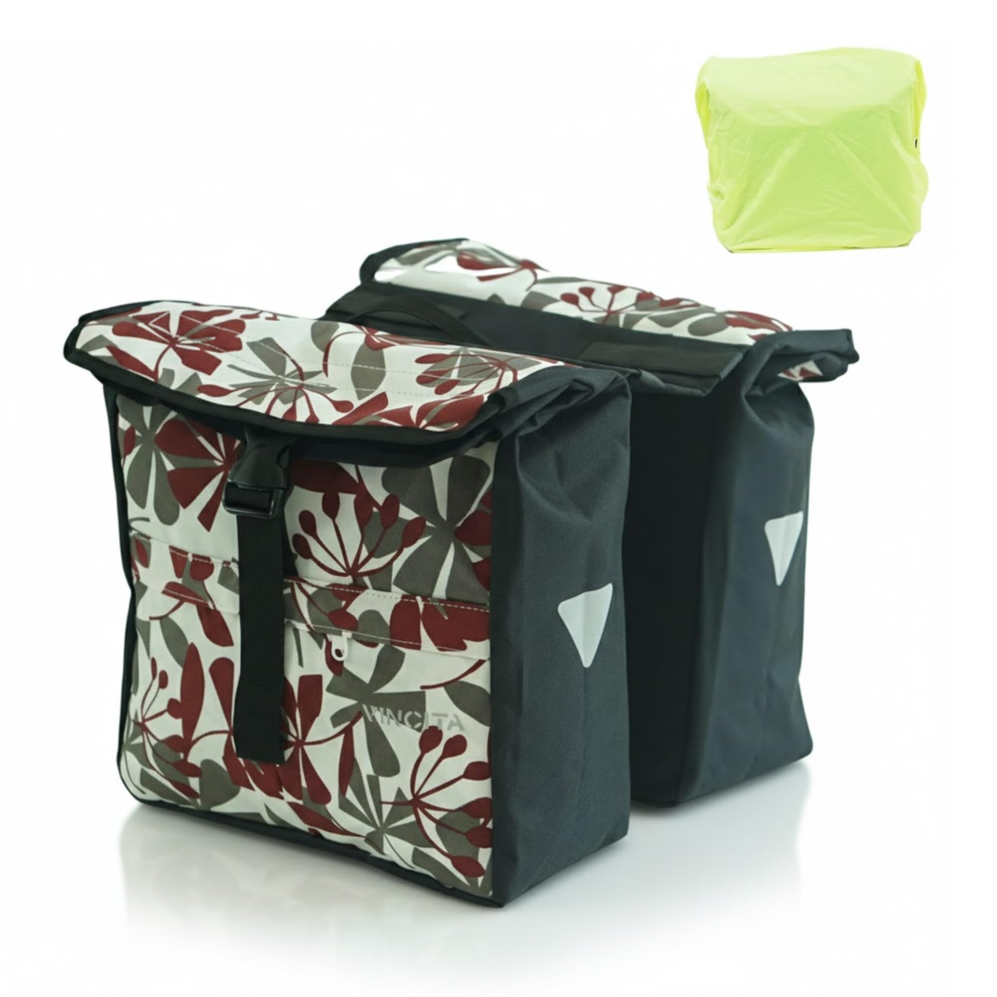 Vincita New Top Load Double Pannier Water Resistant Cycling Side Bags - with Rain Cover, Large, Carrying Handle, Reflective Spots - Bike Rack Carrier Saddle Bag - Bicycle Accessories (RED LEAF), B081