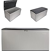 Suncast 160-Gal. Waterproof Resin Extra-Large Outdoor Patio Deck Box with Pad-Lockable Lid, Modern Reeded Outdoor Patio Bench/Storage Box for Cushions, Garden Tools, and More, Iron Ore/French Gray
