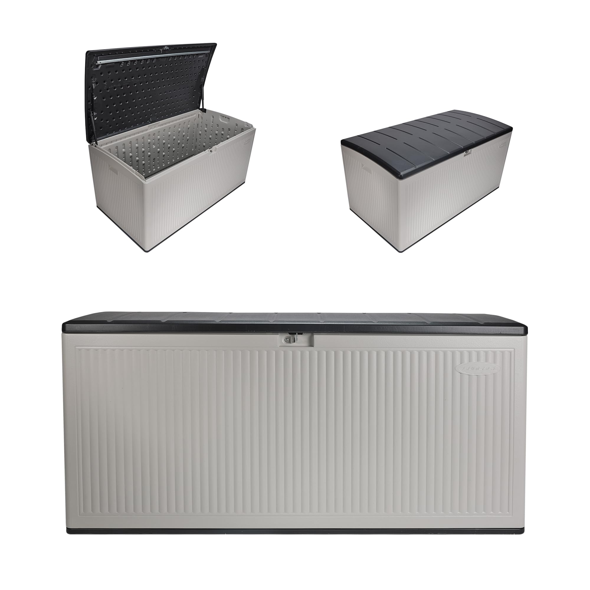 Photo 1 of Suncast 160-Gal. Waterproof Resin Extra-Large Outdoor Patio Deck Box with Pad-Lockable Lid, Modern Reeded Outdoor Patio Bench/Storage Box for Cushions, Garden Tools, and More, Iron Ore/French Gray