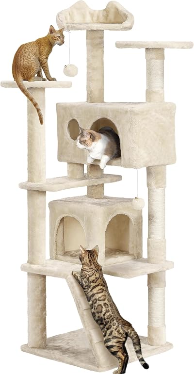 Yaheetech Cat Tree 158cm Tower with Scratching Post 2 Houses Beige