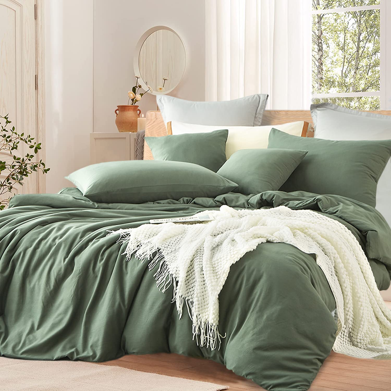 Sacebeleu 100% Cotton Duvet Cover Set King Size Dark Green Plain Elegant Bedding Set 3 pcs Quilt Cover ith Zipper Closure 220x240cm with 2 Pillow covers 50x75cm