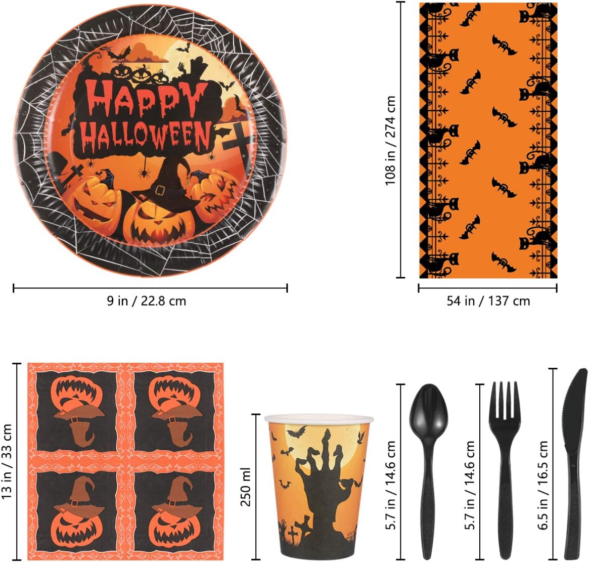 YARNOW Halloween Tableware and Decorations, 24 Guest - Pumpkin Pattern Halloween Plates, Party Cups, Napkins, Tablecloths, Serving Trays, Knives, Forks, Spoons (Orange): Kitchen & Dining