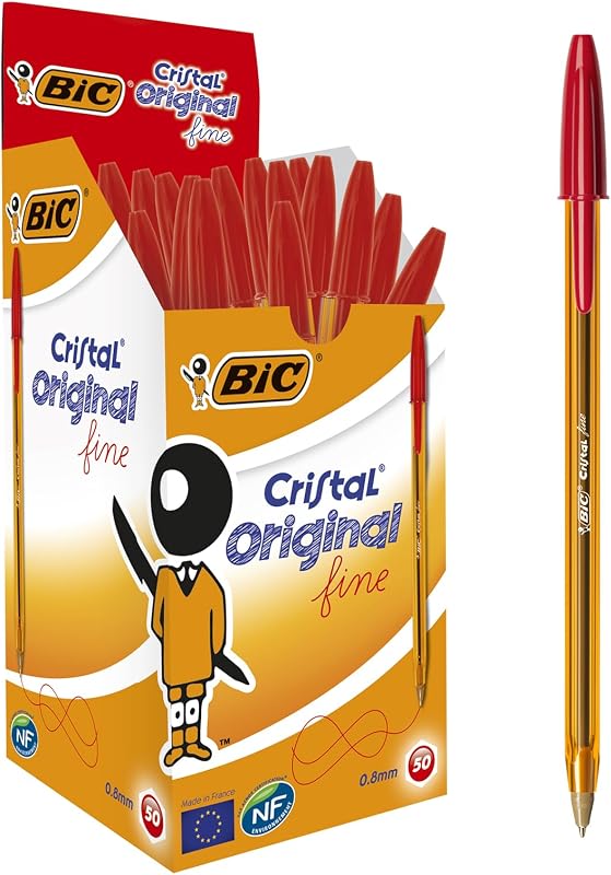 Canetas Cristal Original de Ponta Fina Fina (0,8 mm) - Vermelho, caixa de 50 unidades