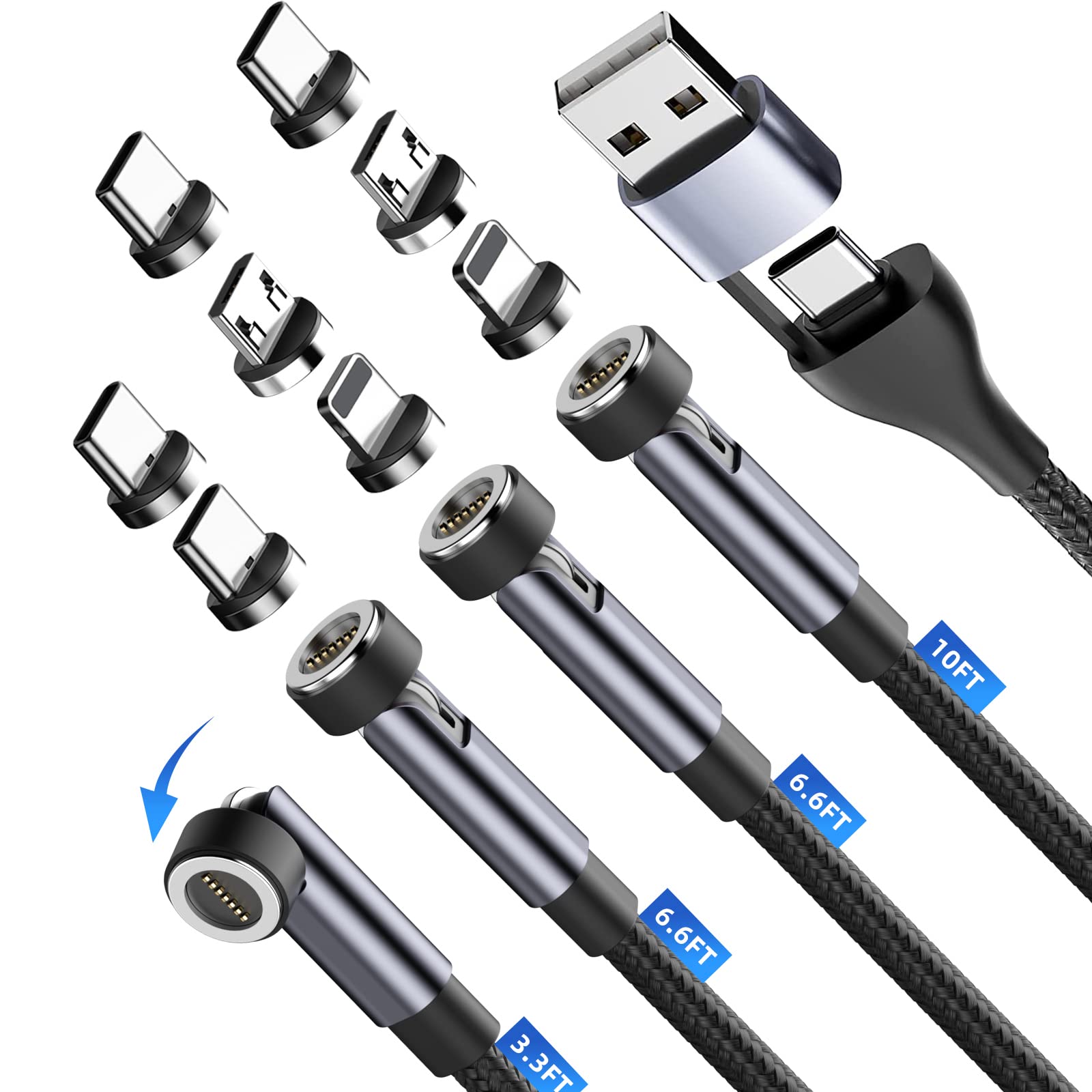 GUUGEI 5 in 1 Charging Cable Magnetic USB C Cable [4 Pack 1 m + 2 m + 3 m] 540° Rotating Mobile Phone Quick Charging Cable