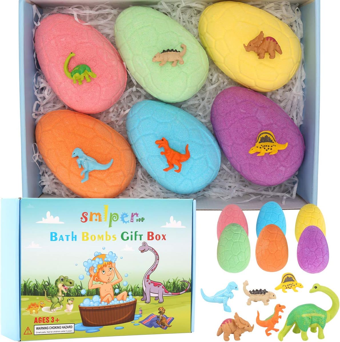 Bath Bombs for Kids with Surprise Inside, 6PCS Dino Egg Handmade Natural Fizzy Bath