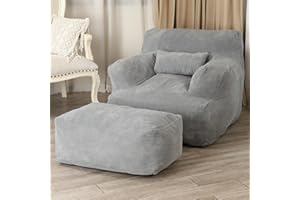 LOVMOC Large Bean Bag Chairs for Adults, Bean Bag Sofa Chair with Ottoman for Adults, Comfy Reading Chair for Dorm Room, Living Room, Bedroom (Light Grey)