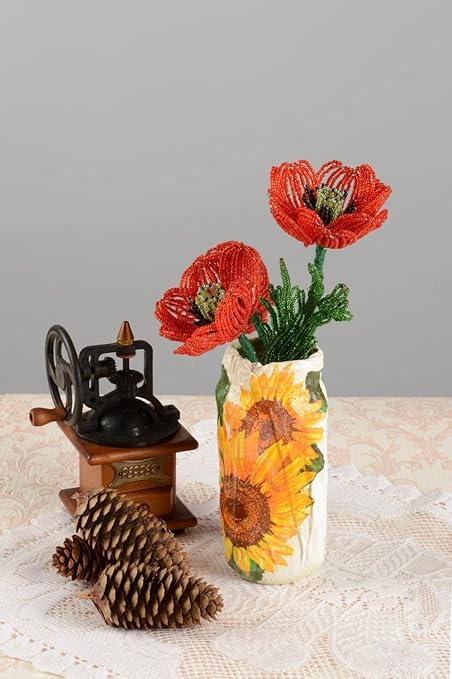 Handmade Designer Seed Beaded Vase With Poppy Flowers Beaded
