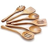 ROSOS Wooden Cooking Utensils, 6 Pieces Natural Acacia Wooden Spoons For Cooking with Non Stick &amp; Heat Resistant Design, Wooden Kitchen Utensil Set with Hanging Hole for Stirring, Mixing, Cooking