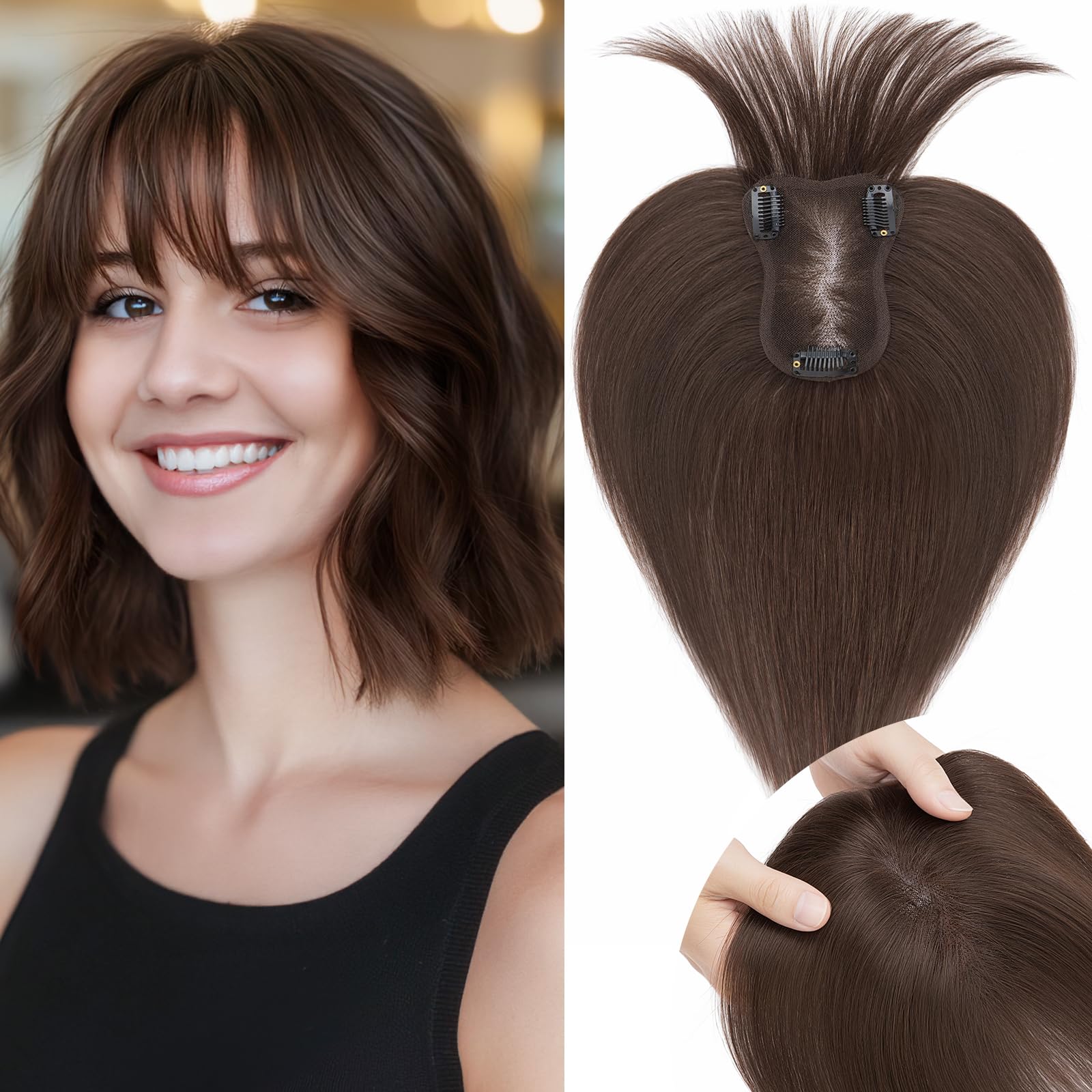 SEGOHAIR Hair Toppers for Women Human Hair 360°3D Coverage Hand-stitched Hair Thinning Clip in Fringe Natural for Thinning Add Volume 11inch Dark Brown,20g — image 1