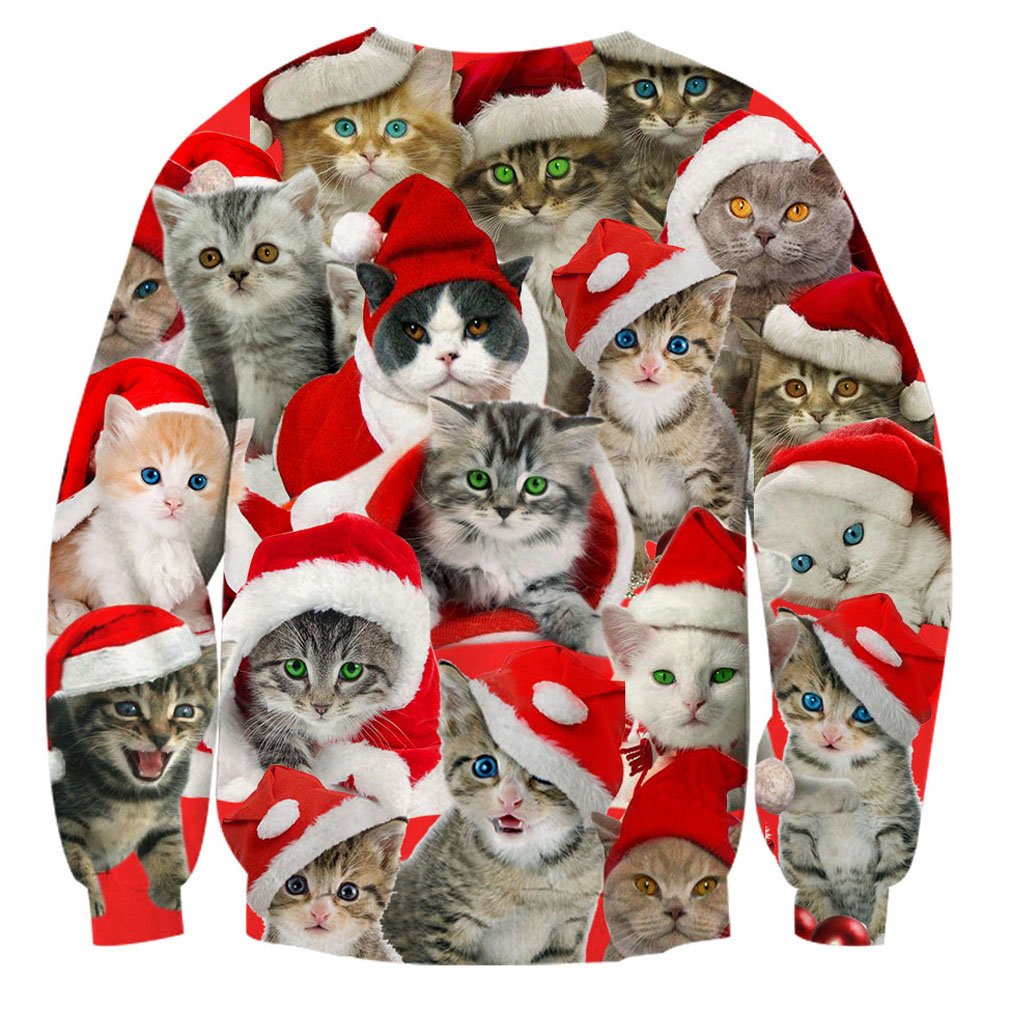 RAISEVERN Unisex Lustige hässliche Weihnachten Cat Print Hipster Neuheit Pullover Pullover Sweatshirt für Damen Herren