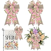 2pcs Spring Wreath Bows Pink Roses Flowers Burlap Bows for Wreath, Brown White Spots Dots Ribbon Bows Spring Retro Flowers Decor Bows for Springtime Indoor Outdoor Decoration Wreath Ornament Supplies