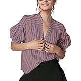 Freyhem Womens Summer Pleated V Neck T Shirts Short Sleeve Casual Loose Blouses Striped Tunics Swing Top