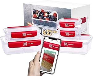 Premium Plastic Airtight Food Storage Containers, Food Shelf Life Tracker, BPA-Free/Leakproof/Microwave Safe/Freezer Meal Prep Containers with APP Tracker/Food Info Storage (5 pack)