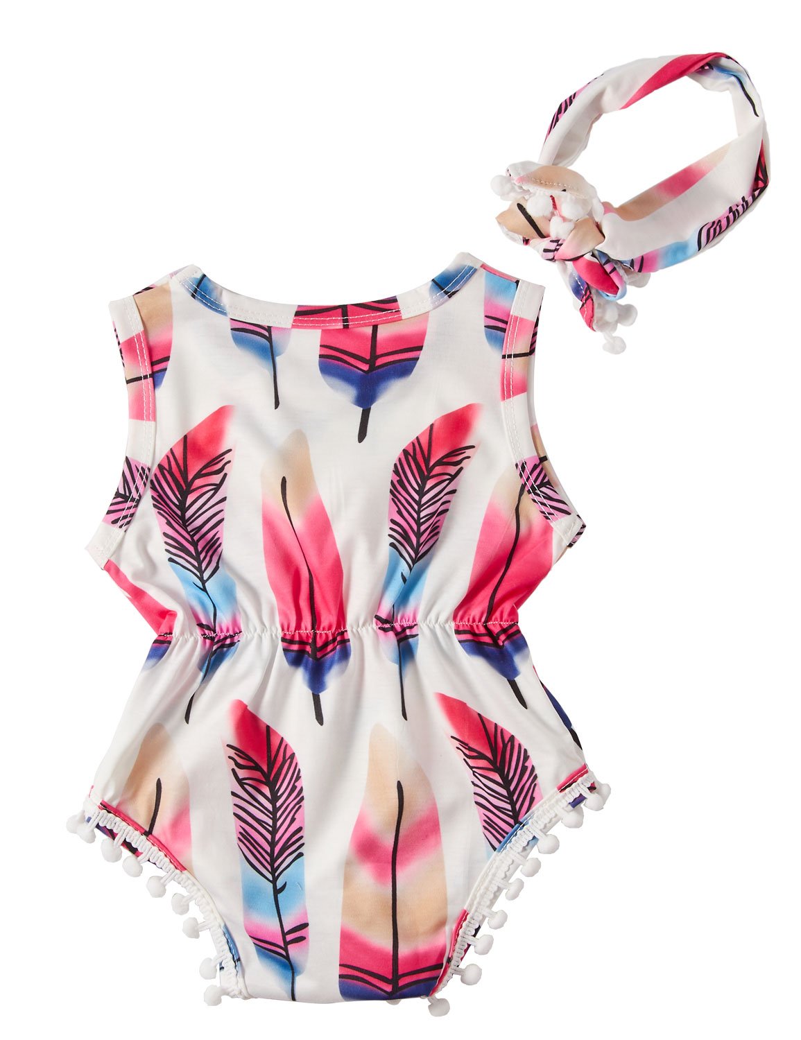 Chicolife Verano bebé Niñas Pompón Mameluco Pluma Imprimir Trajes Monos Monos Recién Nacidos para 12-18 Meses