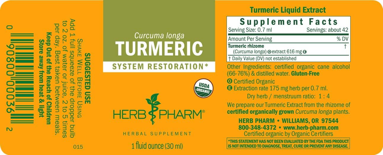 Herb Pharm Certified Organic Turmeric Root Liquid Extract for Musculoskeletal System Support - 1 Ounce: Health & Personal Care