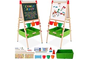 EAPURA Kids Easel Wooden Kids Art Easel Double-Sided Standing Easel for Kids Height Adjustable Preschool Art Easel with Paper Roll Storage Box Watercolor Pen for 3-15 Years Old (GREEN)