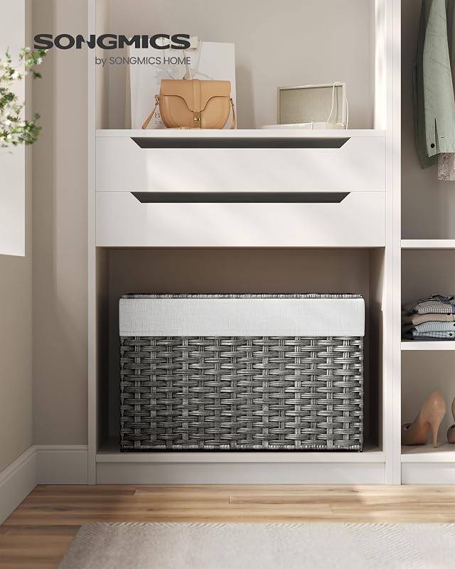 Cesto de Ropa Sucia, Cesta de Ratán Sintético 105 L con Tapa y Asas, Mimbre, Plegable, Forros Extraíbles, para Mantas, Ropa, Dormitorio, Baño, Lavandería, Gris Paloma RST066G01