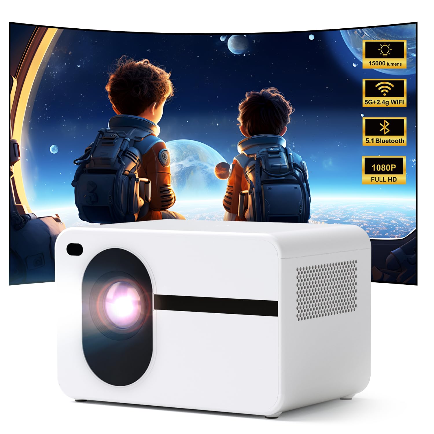 Photo 1 of *MINOR DAMAGE - USED*
Wielio Projector with WiFi and Two-Way Bluetooth-Full HD Movie Projector for Outdoor Movies, 300"" Display Home Theater, Compatible with iOS/Android/TV Stick/HDMI/USB.