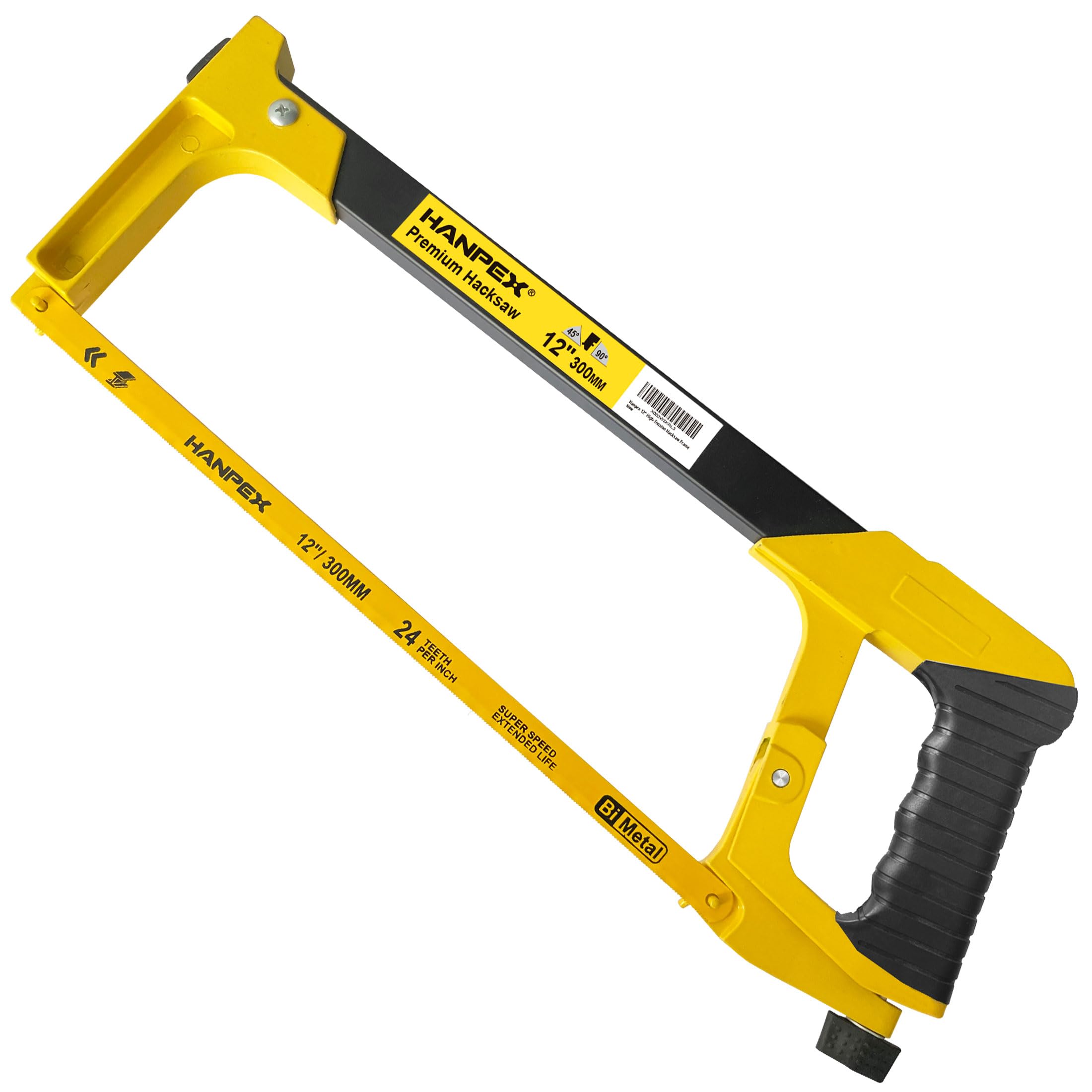 Hanpex 30cm (12inch) High-Tension Hacksaw Frame with 24 TPI Bi-Metal HSS Blade, Hand Saw Suitable for Metal, Wood, PVC, Carpentry