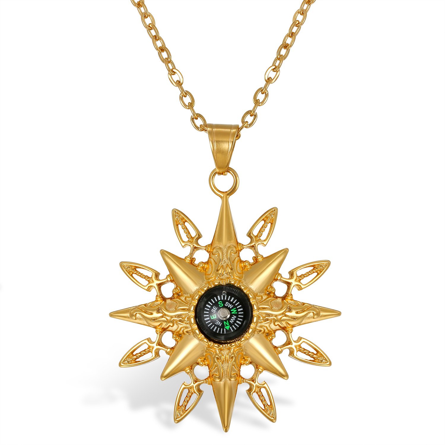 JewelryWe Men Retro Religious Faith Sun God Apollo Compass Pendant Stainless SteelNecklace