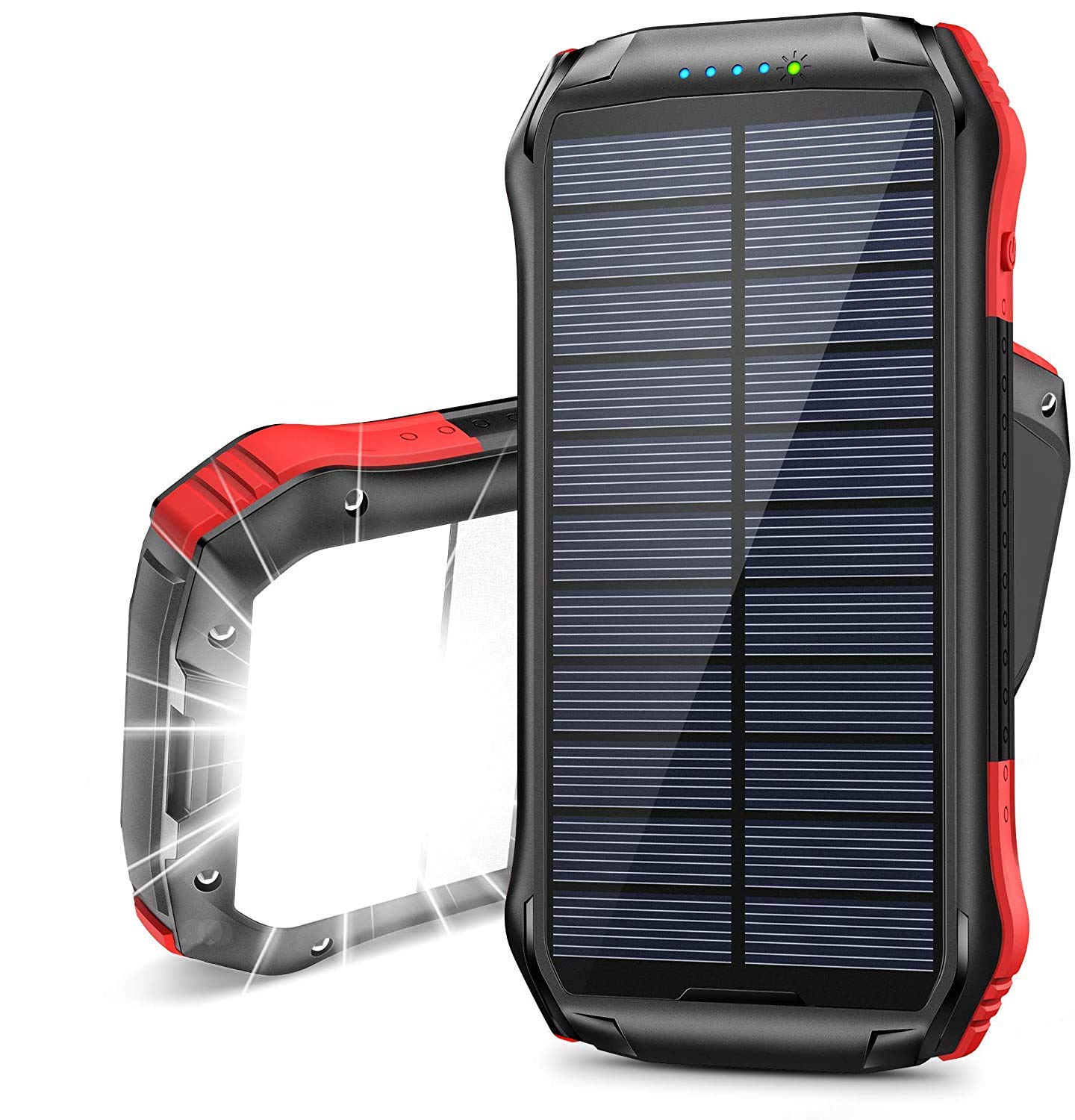 Solar Power Bank 16000mAh, Solar Portable Charger【2020 Newest】with 2 USB Outputs & Type-C Input IP65 Waterproof 15 LED Portable Flashlight Battery Pack for Outdoor Activities, Mobile Phones
