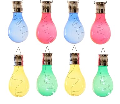 Lumineo 894992 LED Solar 8er Set Glühbirnen in 4 Farben leuchtende Glühlampen bunt Gartendeko ca. 17,5 x 7,5 cm