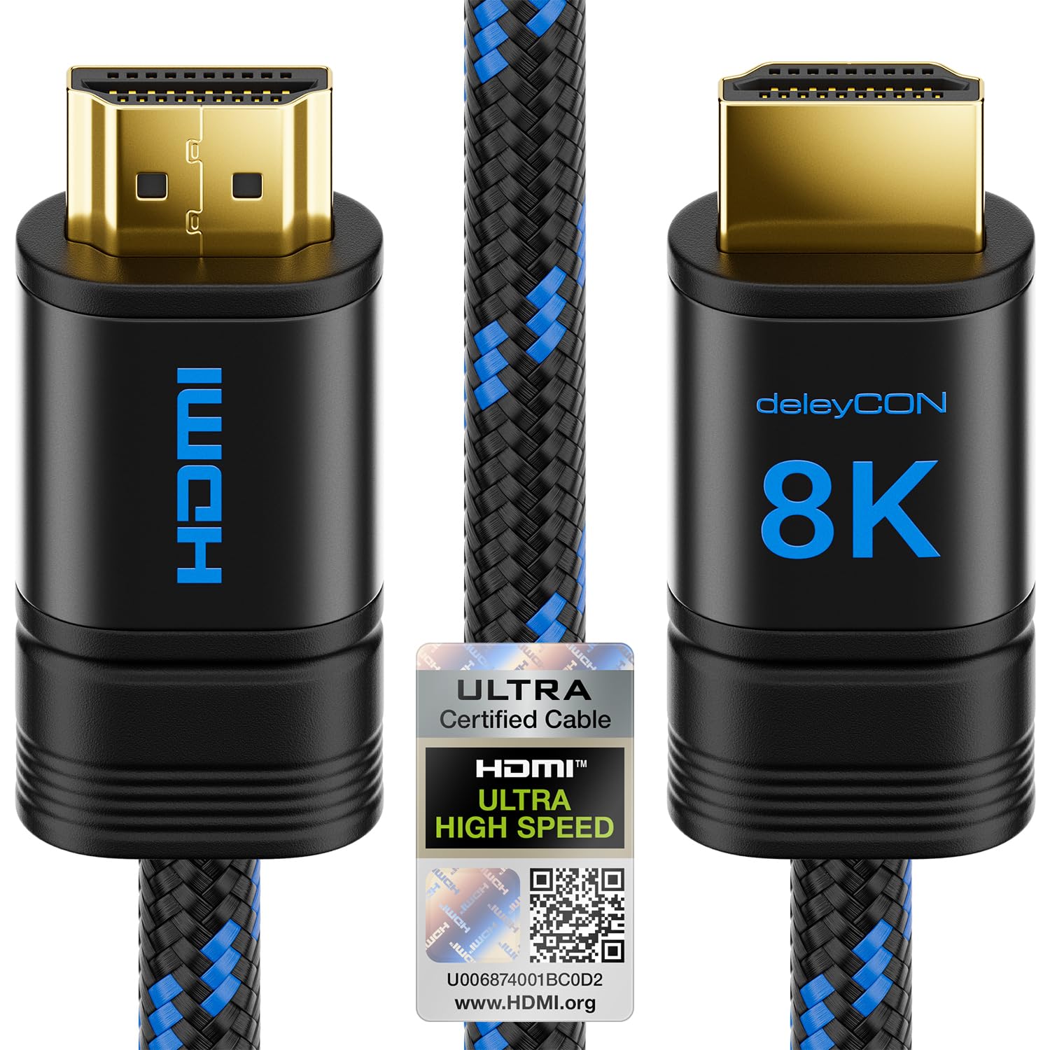 deleyCON 0.5m (1.64 ft.) 8K UHD-II HDMI 2.1 Nylon Cable 4320p 2160p 8K@60Hz 4K@120Hz 7680 x 4320p Metal Connectors Dolby DTS HDR eARC CEC HDTV Ethernet